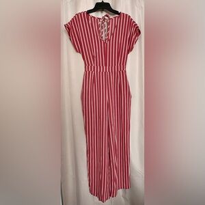 Burgundy White Striped Wide Leg Jumpsuit Pockets M